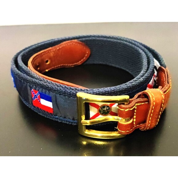 Country Club Prep Southern States Logo Belt Men Size 42 Stitched Canvas, Leather - Picture 2 of 16